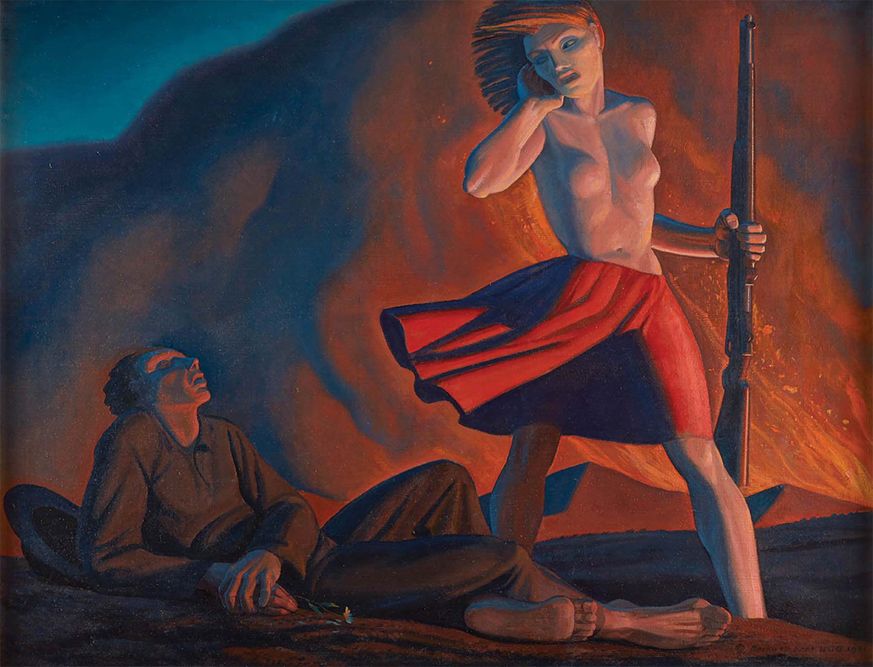 Rockwell Kent (1882-1971) Wake Up, America!, 1941, oil on burlap. 34 x 44 in., $200,000-300,000